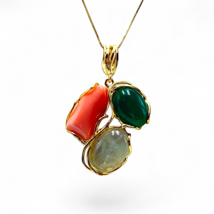 Necklace with Trilogy Pendants of Precious Stones set in Gold-Plated Silver