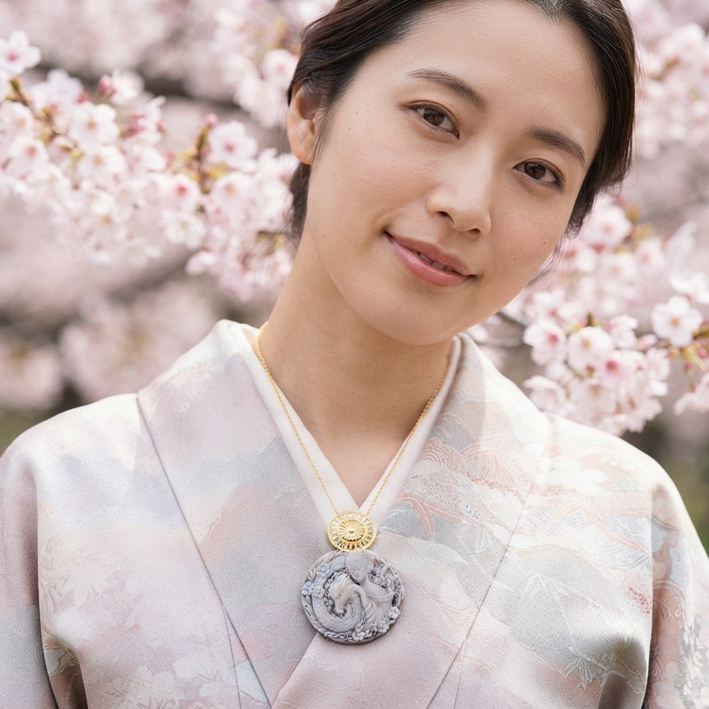 Donna Samurai  Ryūko (龍子) di Cammeo montato in Argento Dorato