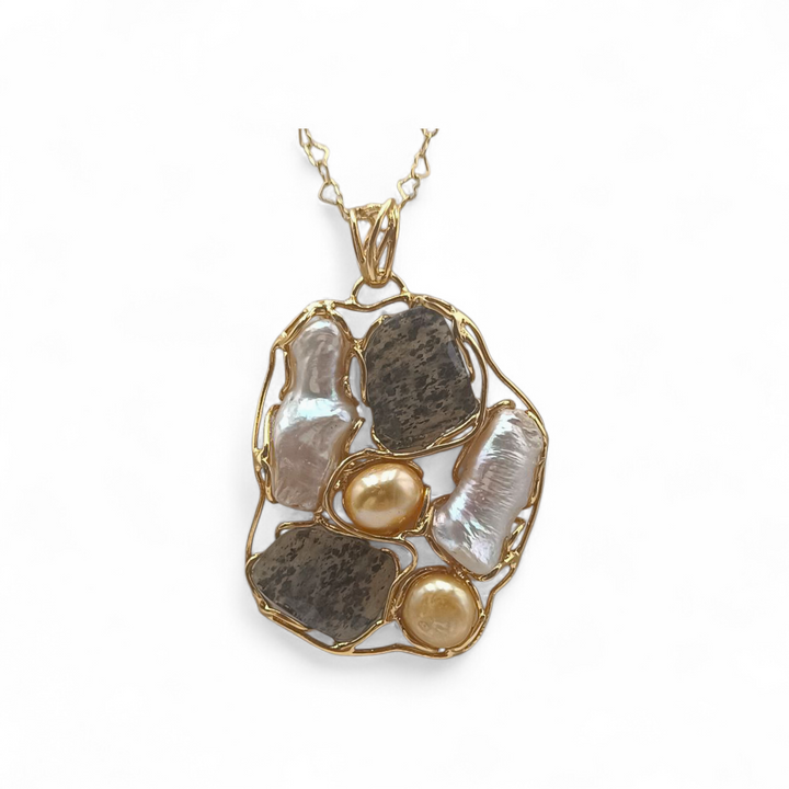 Collana con Ciondolo in Perle Barocche, Corallo, Labradorite e Citrino