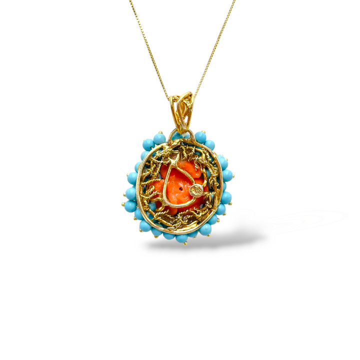 Collana ciondolo rosa in corallo montata in argento dorato