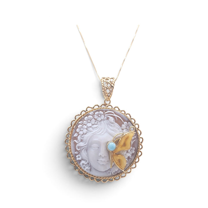 Ciondolo Dea Metamorfosi di Cammeo, Ambra e Larimar montato in Argento Dorato