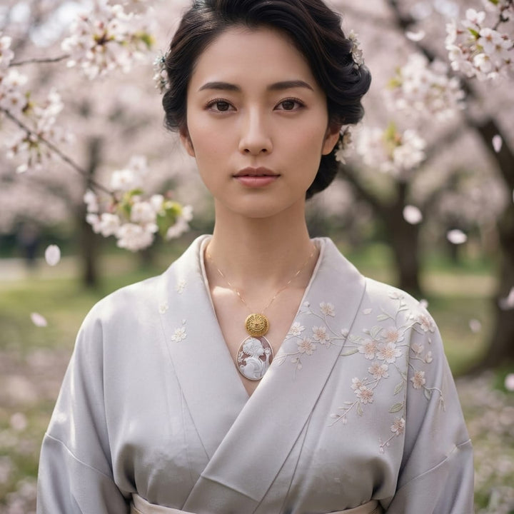 Donna Samurai Kaede (楓) di Cammeo montato in Argento Dorato