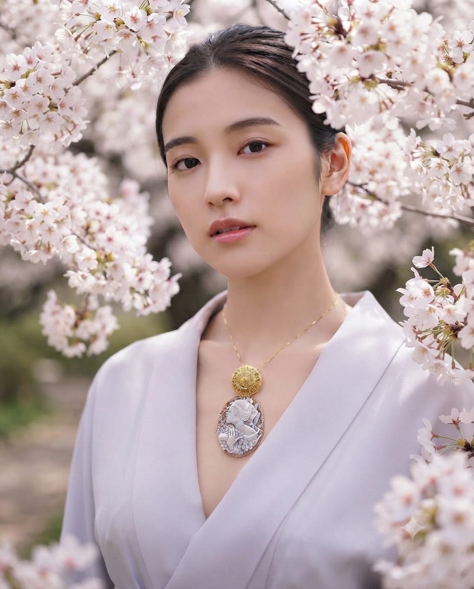 Donna Samurai Kaori (香織) di Cammeo montato in Argento Dorato