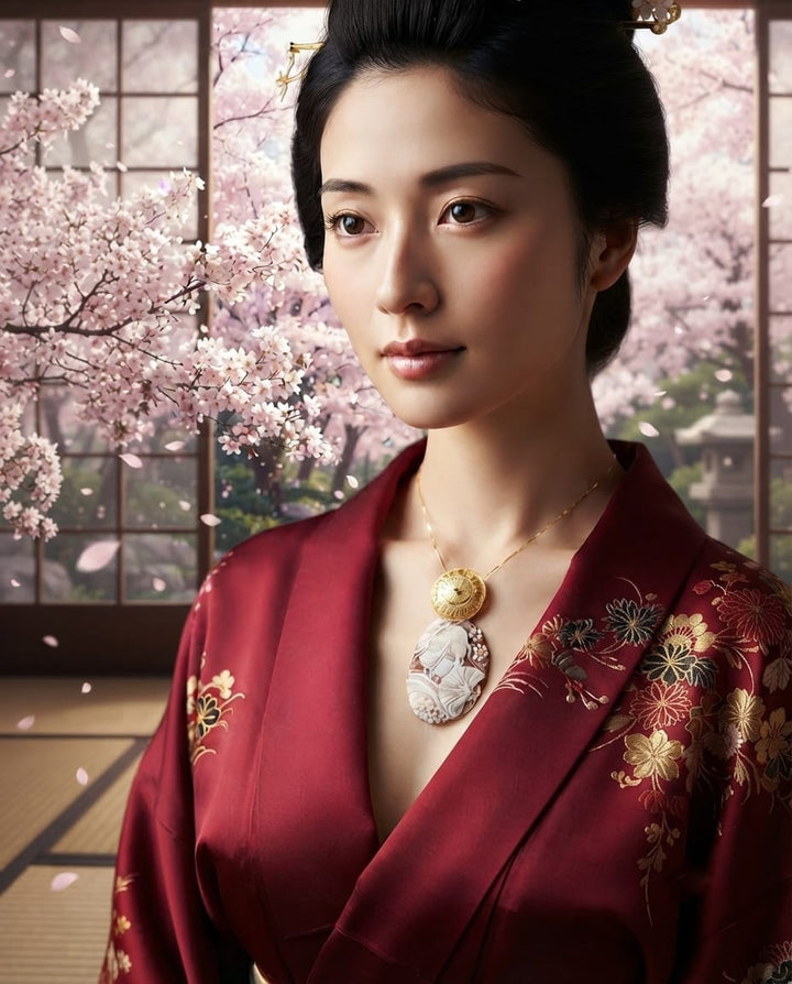 Donna Samurai Masako (雅子) di Cammeo montato in Argento Dorato