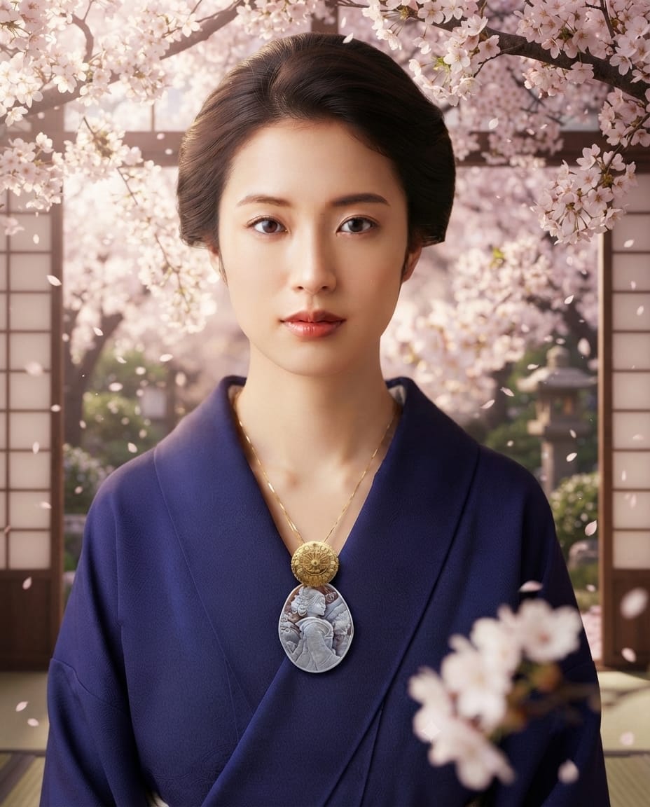 Donna Samurai Rei (麗 / 玲) di Cammeo montato in Argento Dorato