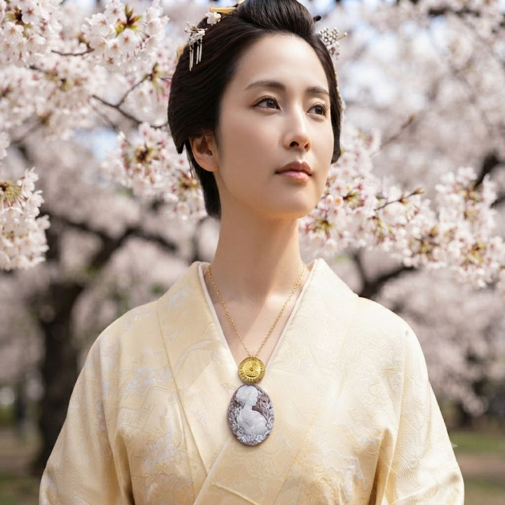 Donna Samurai Sakura (桜) di Cammeo montato in Argento Dorato