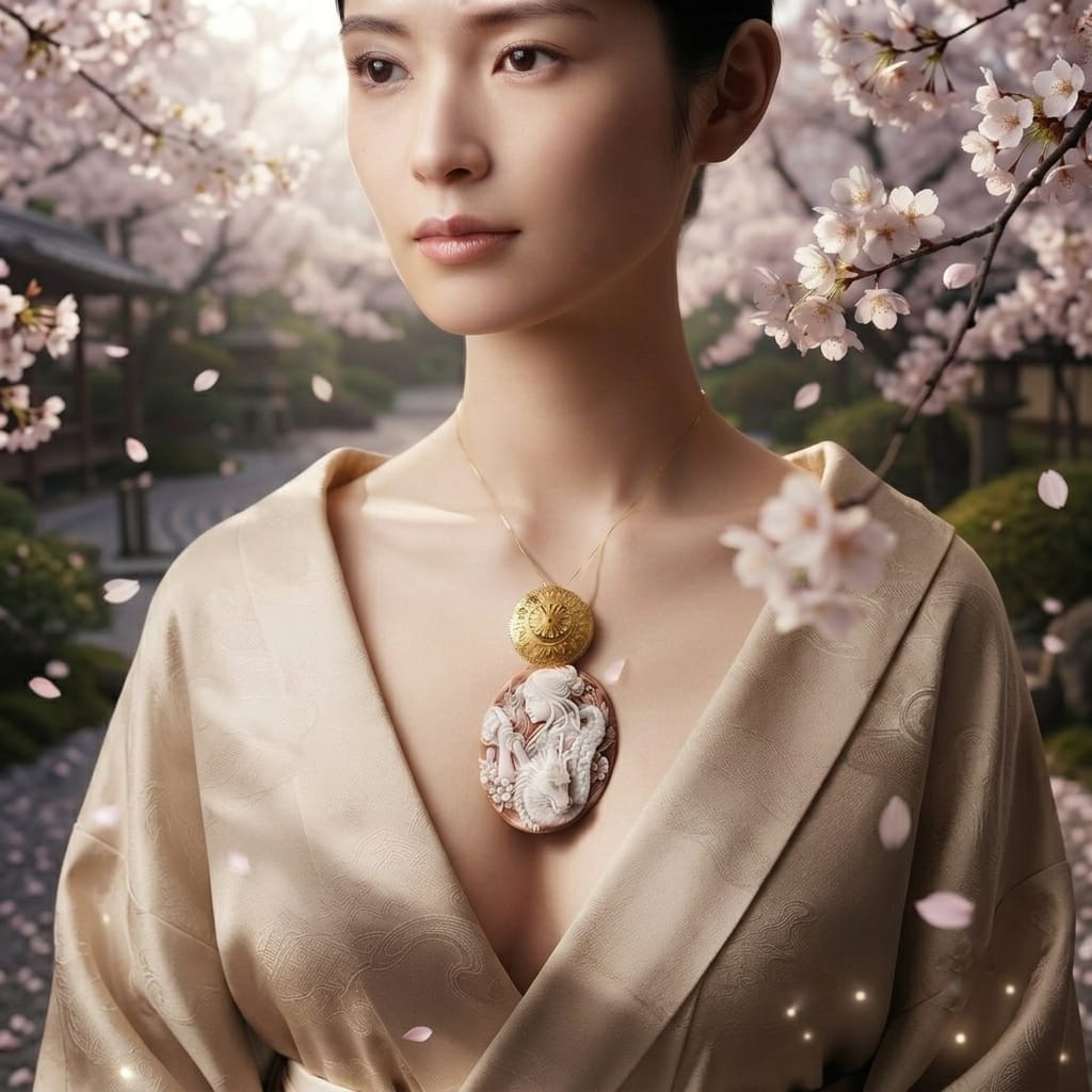 Donna Samurai Takeko (竹子) di Cammeo montato in Argento Dorato