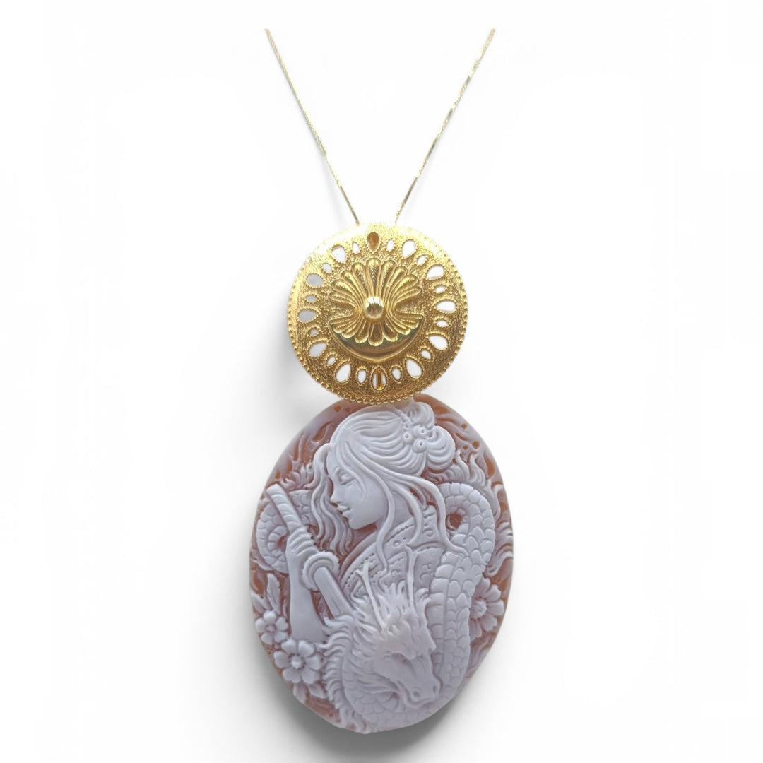Donna Samurai Takeko (竹子) di Cammeo montato in Argento Dorato