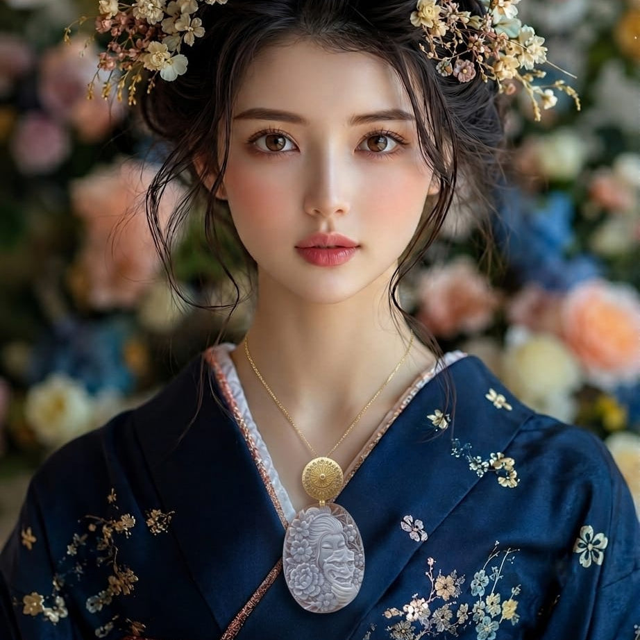 Donna Samurai Tomoe (巴) di Cammeo montato in Argento Dorato
