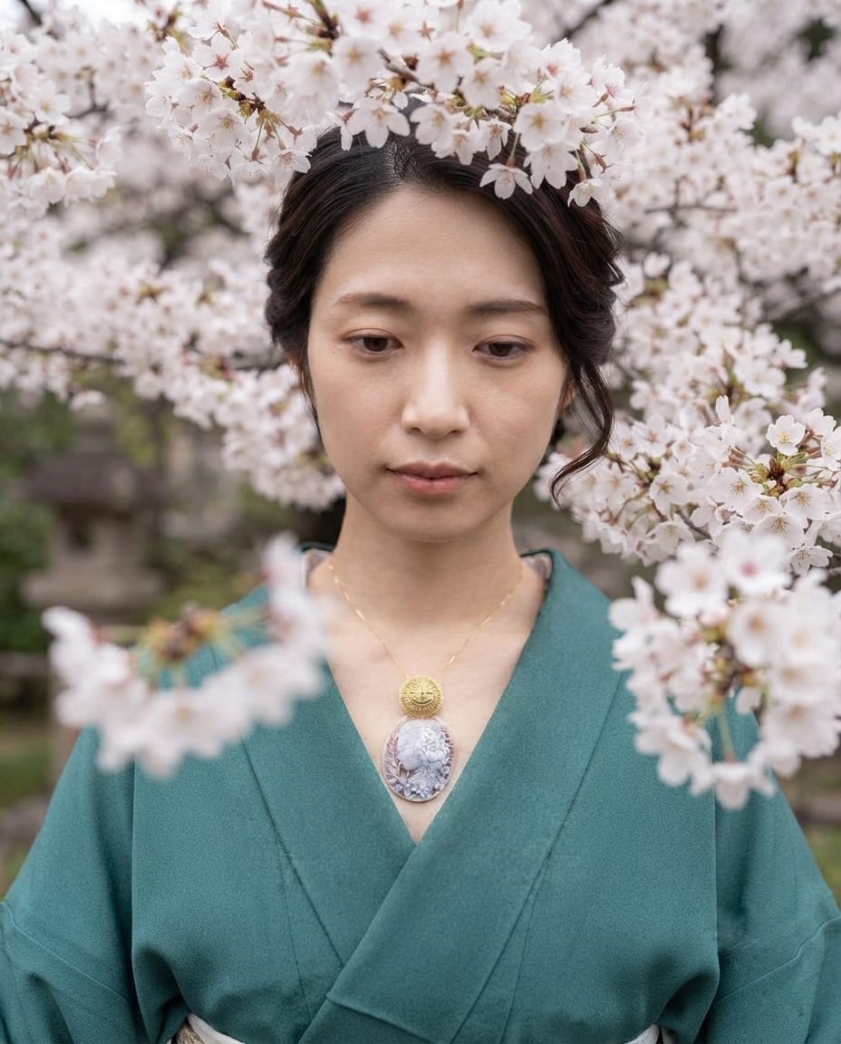 Donna Samurai Misaki (美咲) di Cammeo montato in Argento Dorato