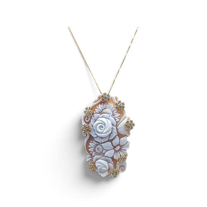 Ciondolo Fiori di Cammeo e Zirconi montato in Argento Dorato