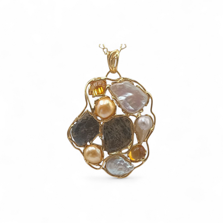 Collana con Ciondolo in Perle Barocche, Corallo, Labradorite e Citrino