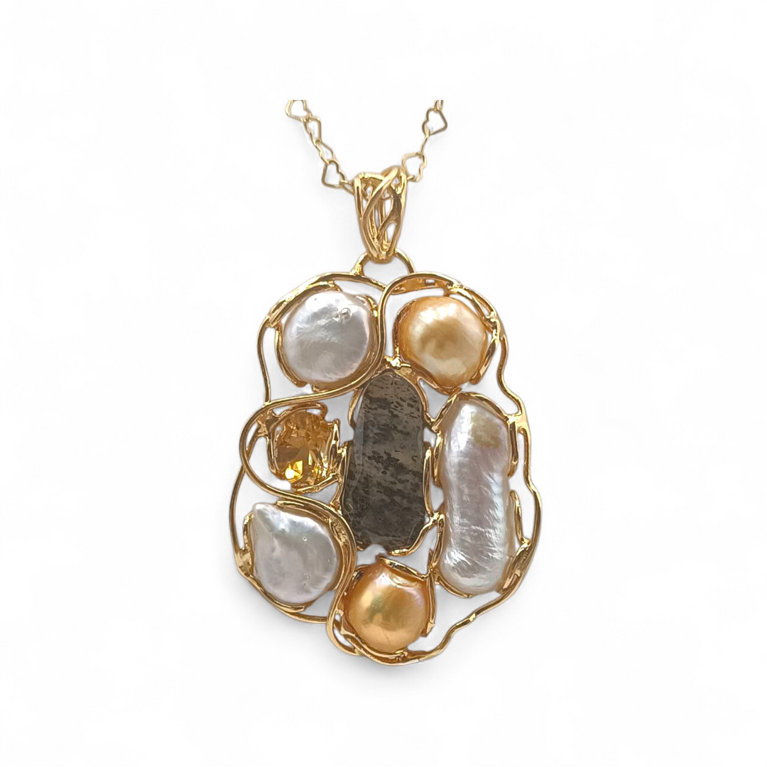 Collana con Ciondolo in Perle Barocche, Corallo, Labradorite e Citrino