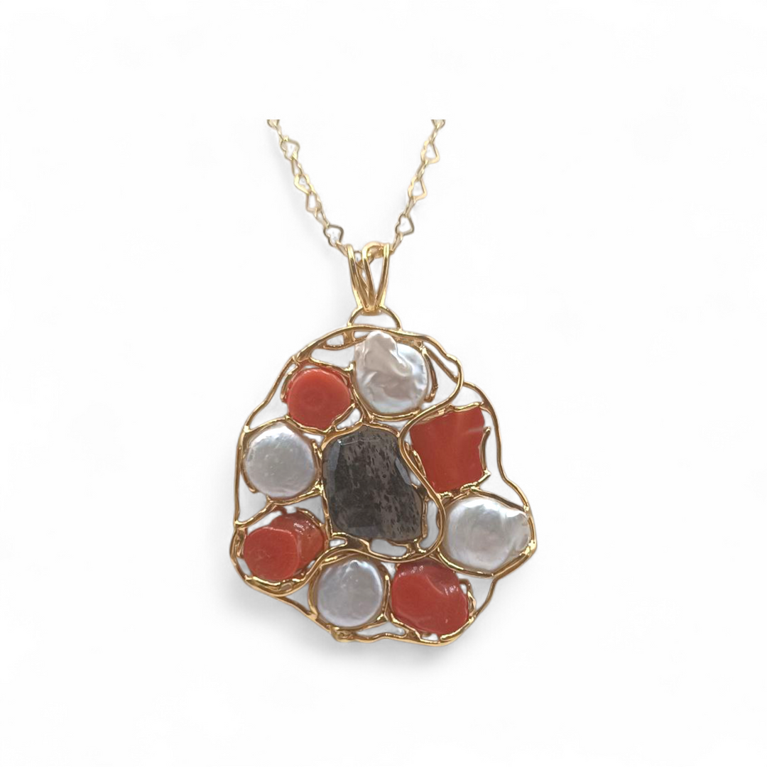 Collana con Ciondolo in Perle Barocche, Corallo, Labradorite e Citrino