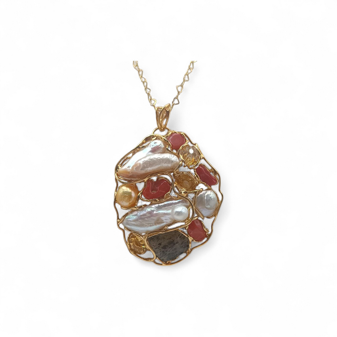 Collana con Ciondolo in Perle Barocche, Corallo, Labradorite e Citrino