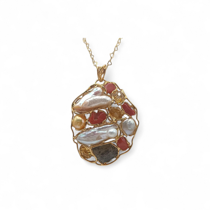Collana con Ciondolo in Perle Barocche, Corallo, Labradorite e Citrino