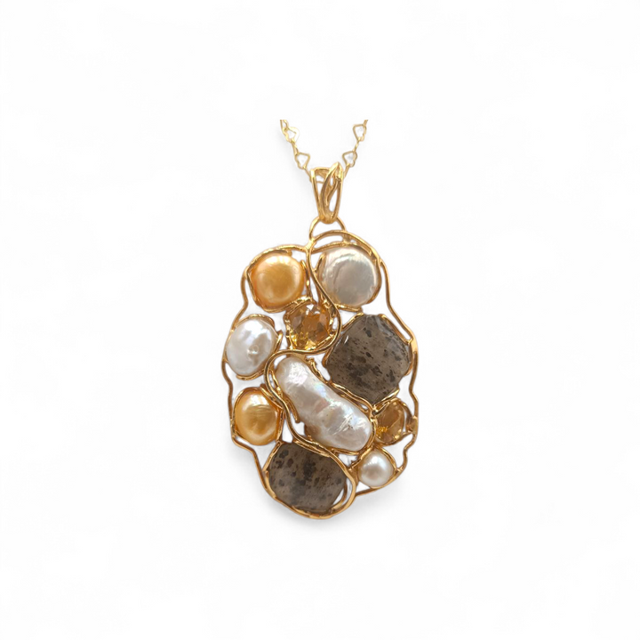 Collana con Ciondolo in Perle Barocche, Corallo, Labradorite e Citrino
