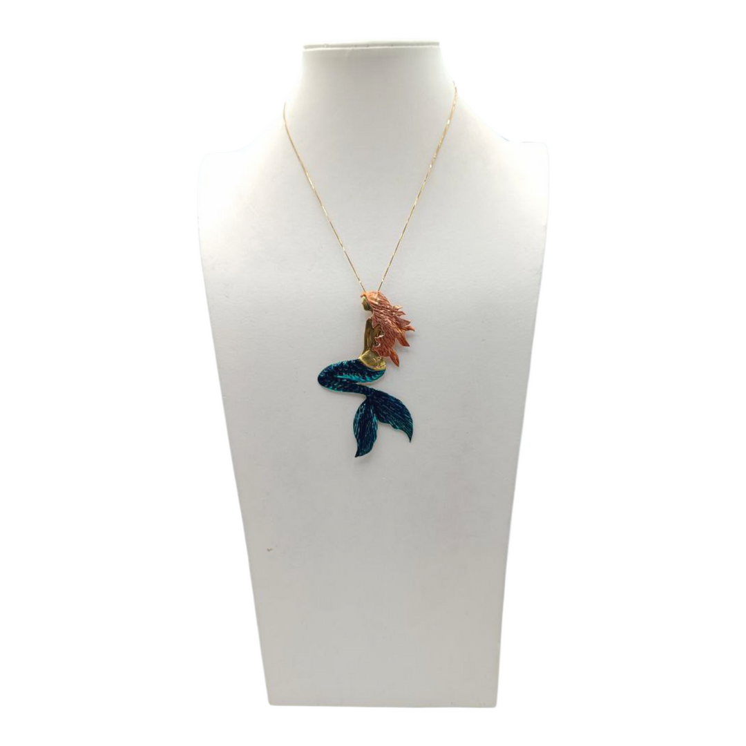 Ciondolo Sirena in Ottone e Rame e Collana in Argento Dorato