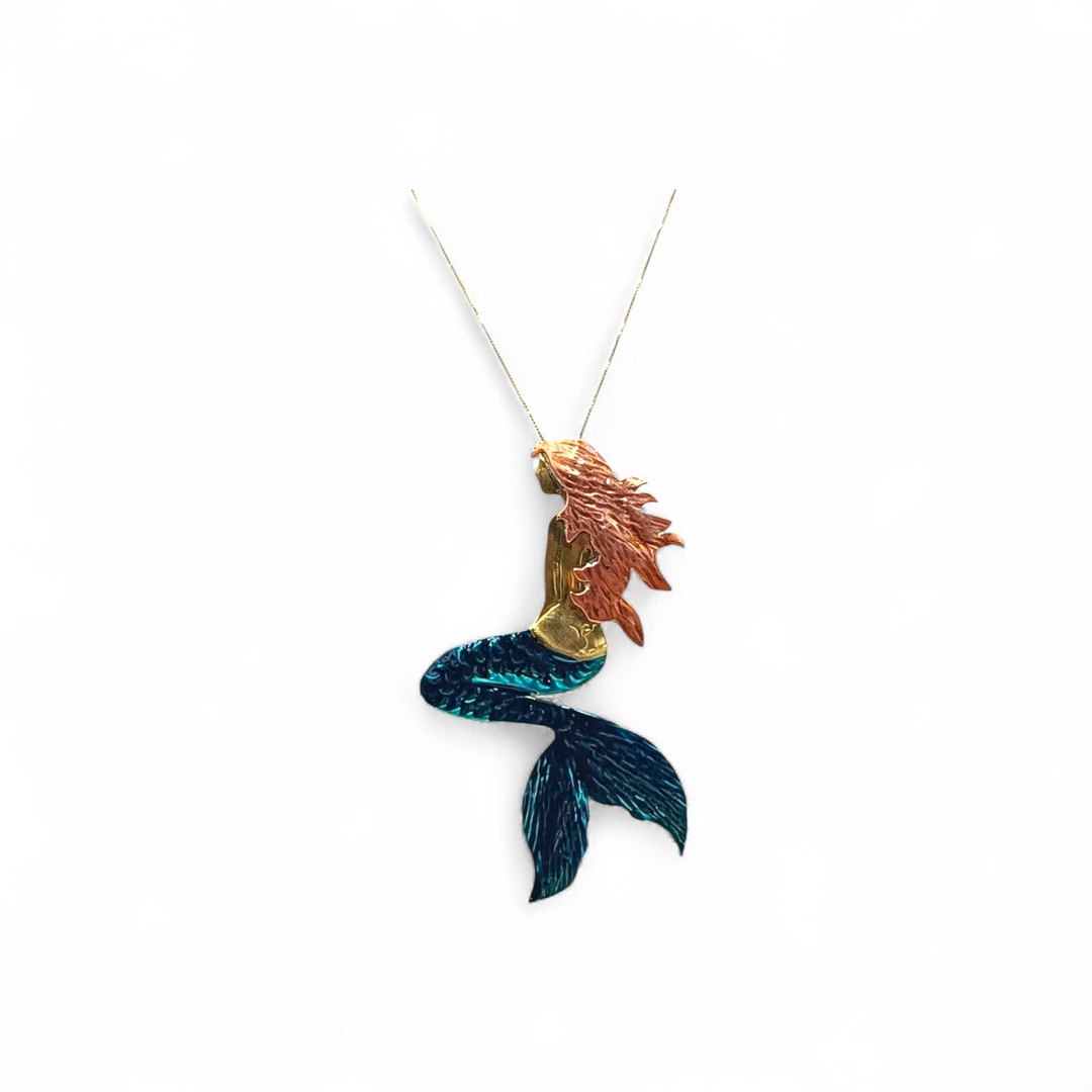 Ciondolo Sirena in Ottone e Rame e Collana in Argento Dorato