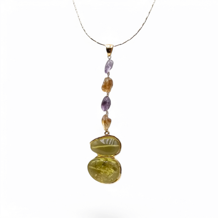 Green amber, amethyst and citrine pendant necklace mounted on silver