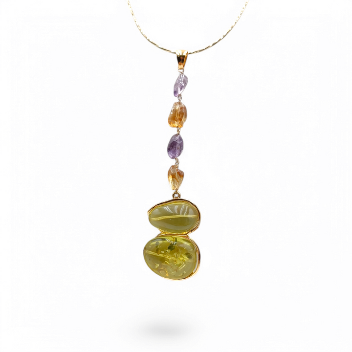 Green amber, amethyst and citrine pendant necklace mounted on silver