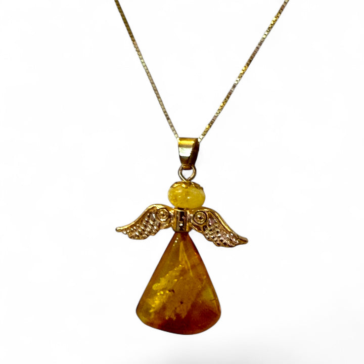 Baltic amber angel pendant set in gold-plated steel