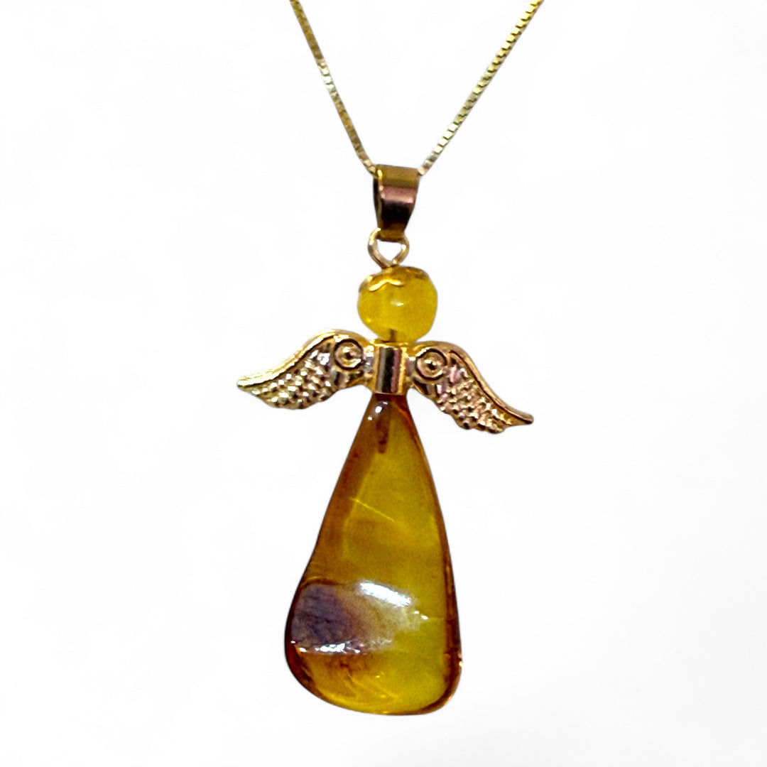 Baltic amber angel pendant set in gold-plated steel
