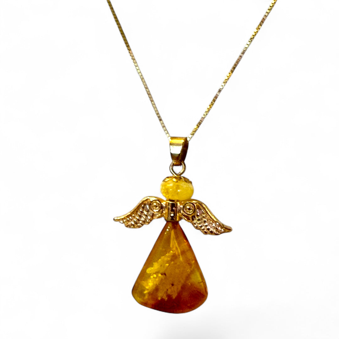 Baltic amber angel pendant set in gold-plated steel