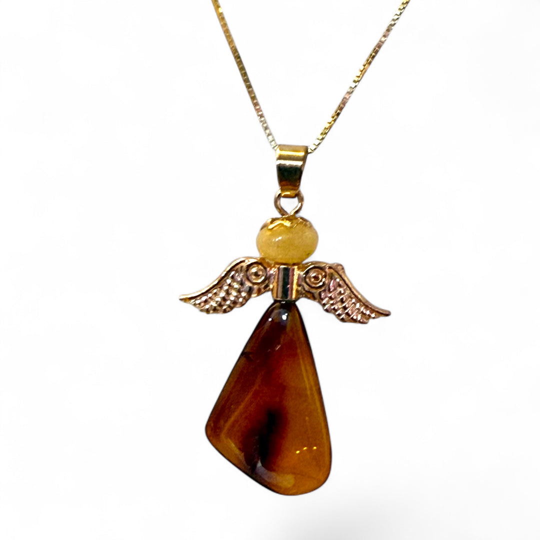 Baltic amber angel pendant set in gold-plated steel