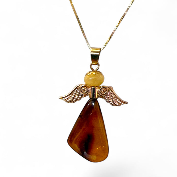 Baltic amber angel pendant set in gold-plated steel