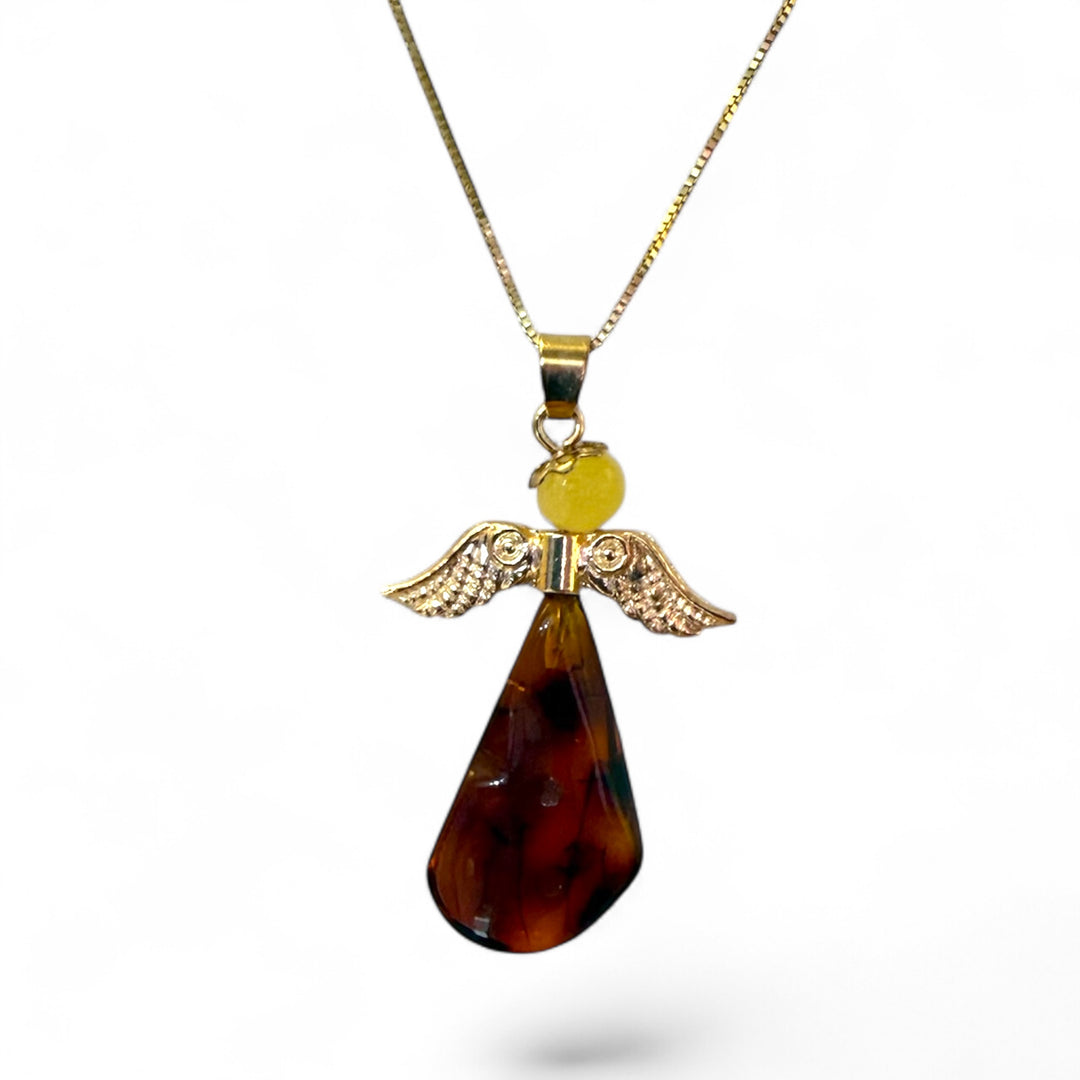 Baltic amber angel pendant set in gold-plated steel