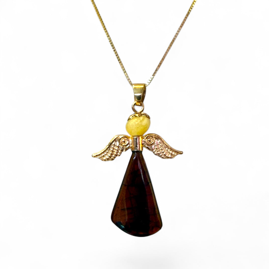 Baltic amber angel pendant set in gold-plated steel