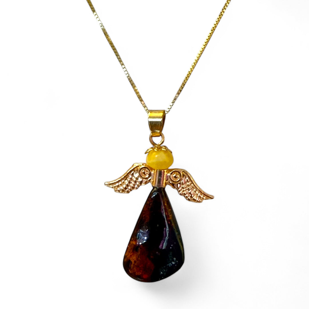 Baltic amber angel pendant set in gold-plated steel