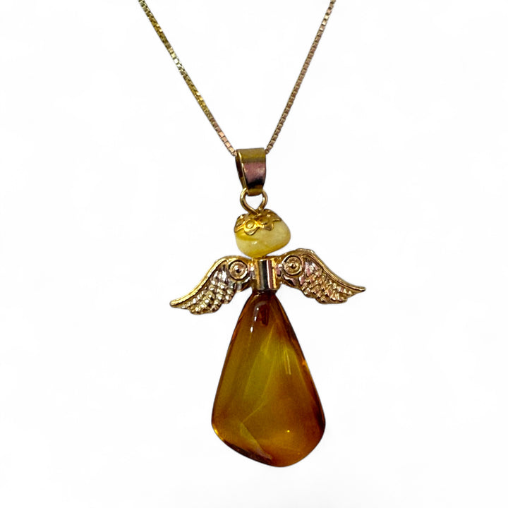 Baltic amber angel pendant set in gold-plated steel