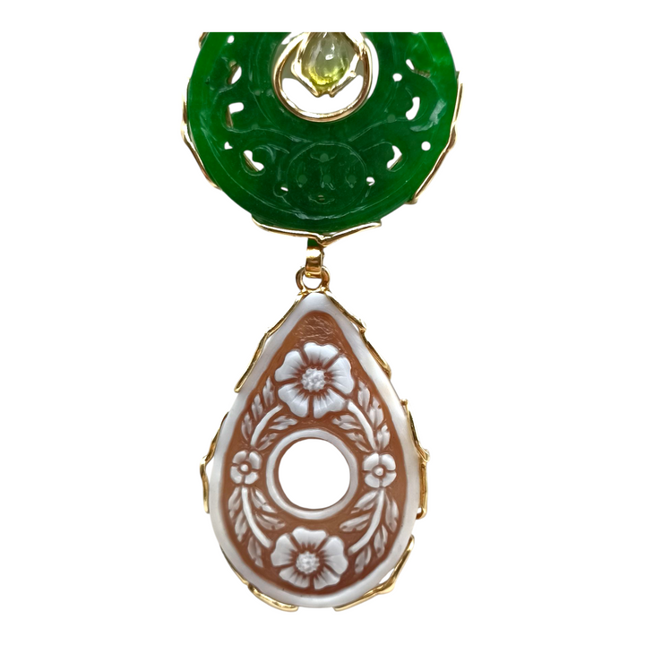 Pendant necklace "drop" in cameo and green jade mounted on silver