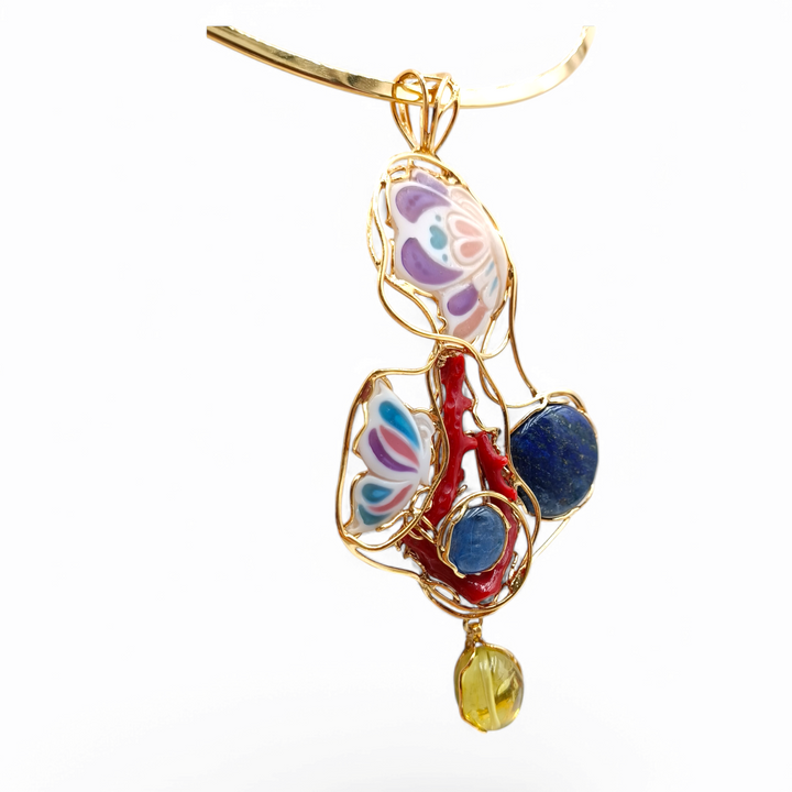 Butterfly pendant necklace in cameo, lapis, kyanite, coral mounted on silver