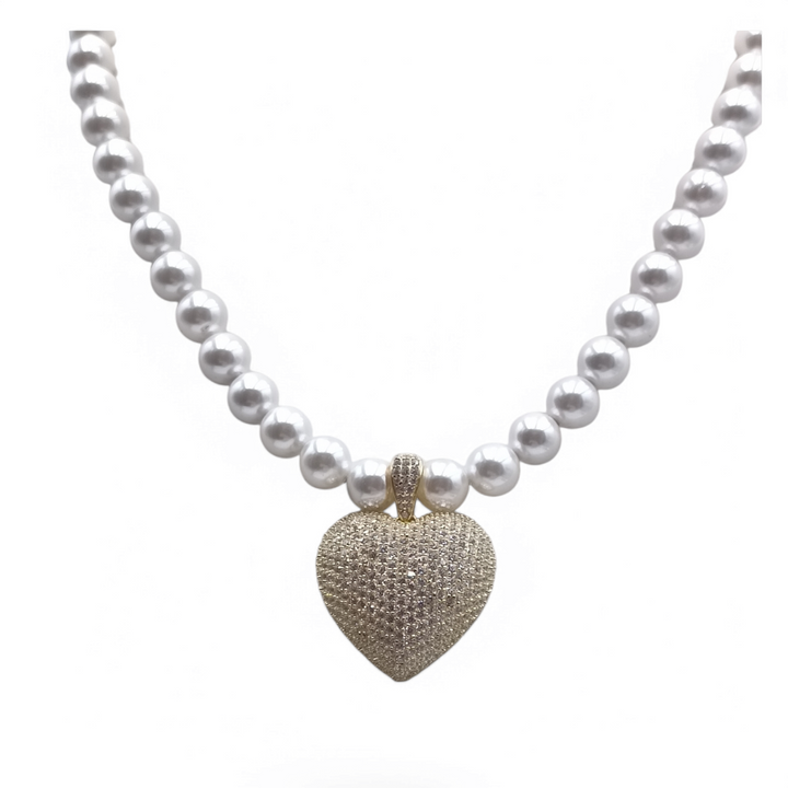END OF COLLECTION - Heart necklace in zirconia and Mallorca pearls mounted on silver