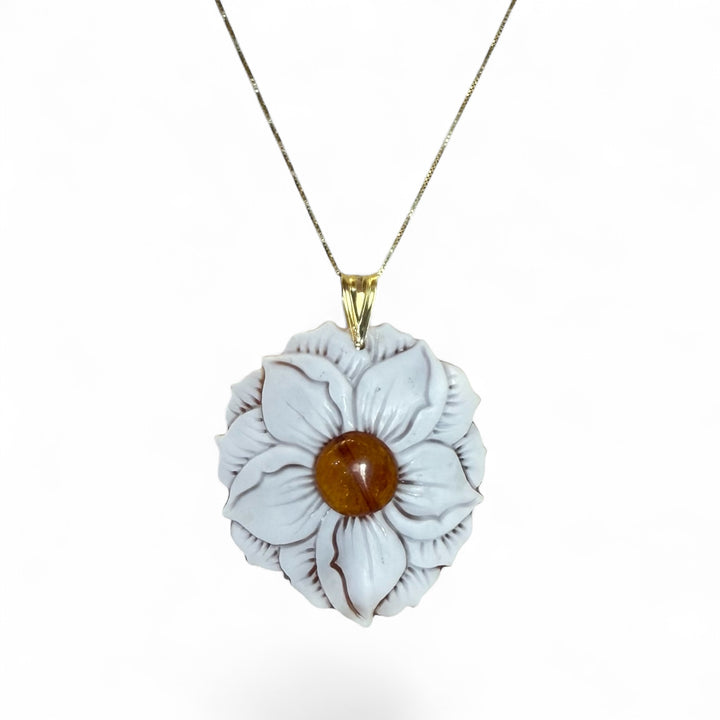 Dahlia cameo and amber necklace set in silver