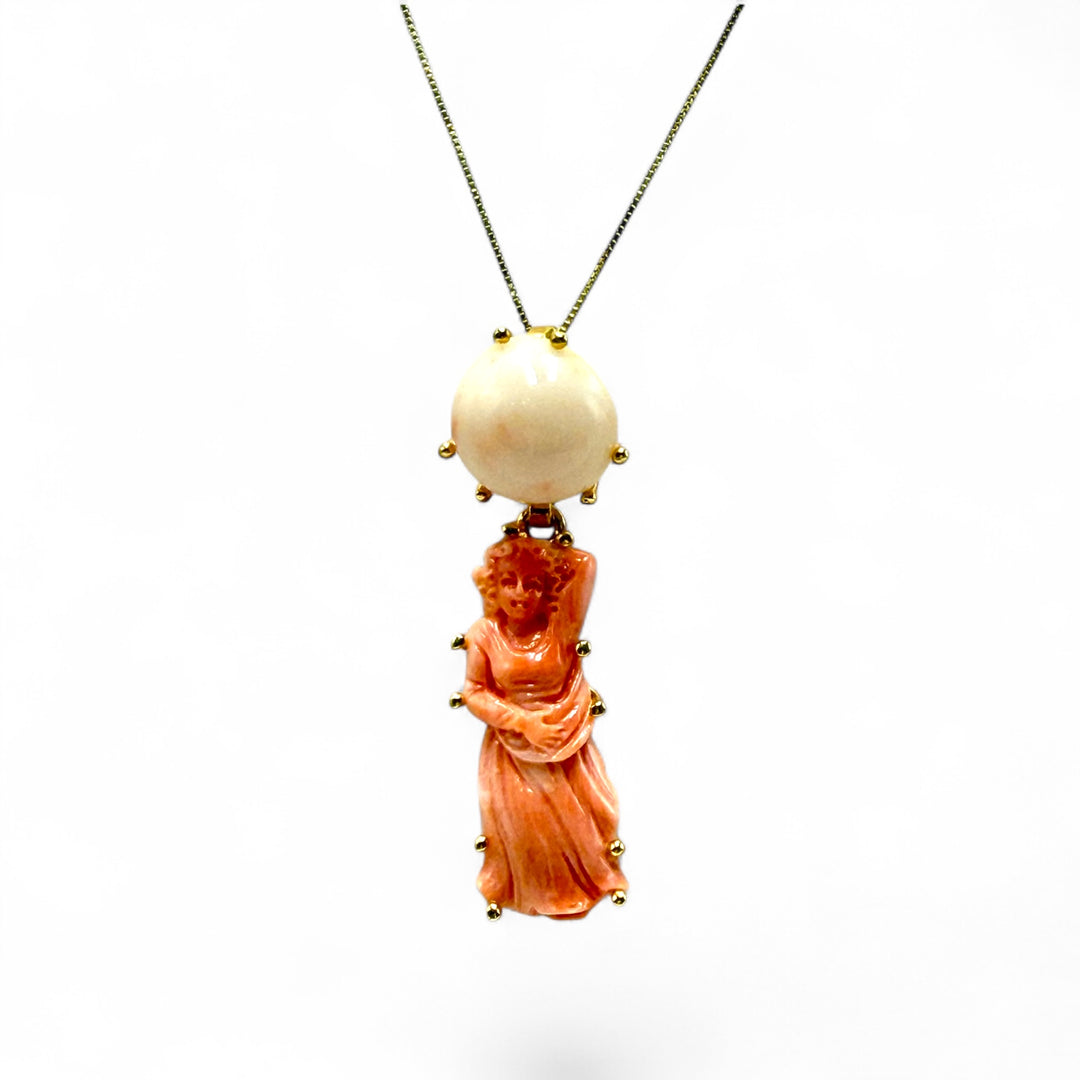 19th Century Lady Pendant in Cerasuolo Coral Mounted in Gilded Silver