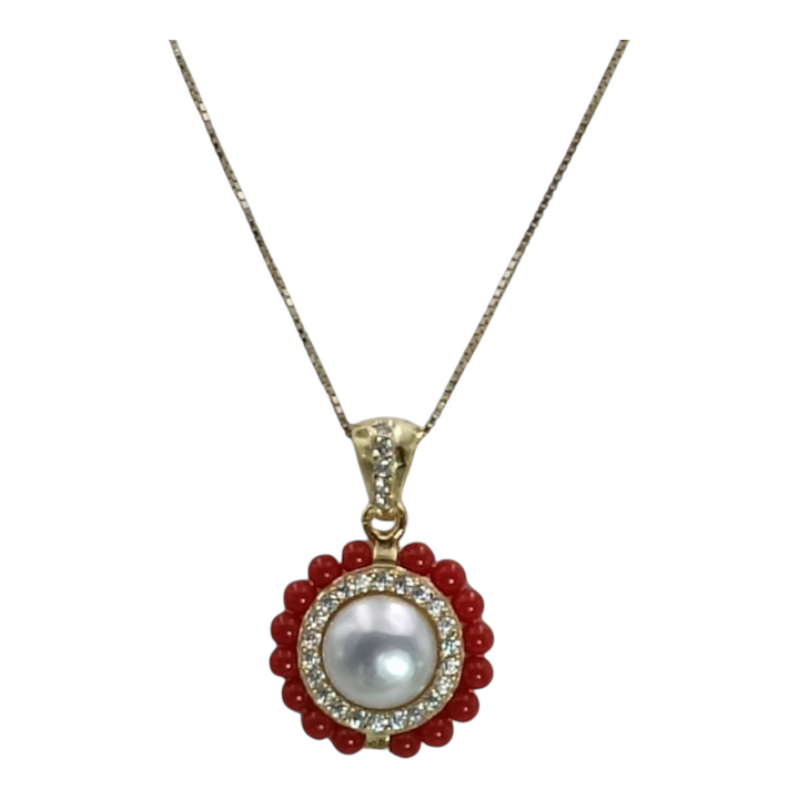 Ciondolo fiore moderno in perla e corallo montato su argento