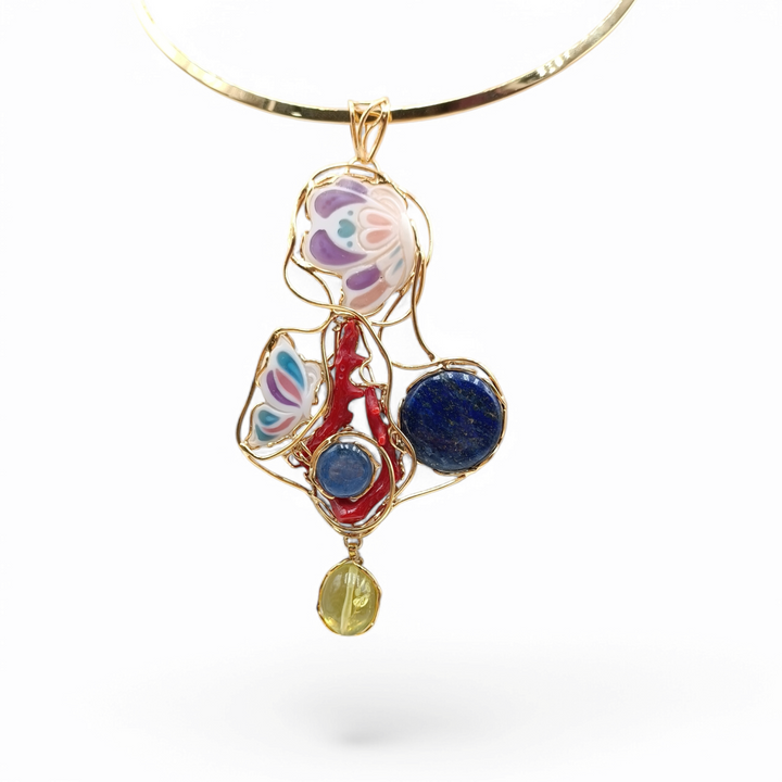 Butterfly pendant necklace in cameo, lapis, kyanite, coral mounted on silver