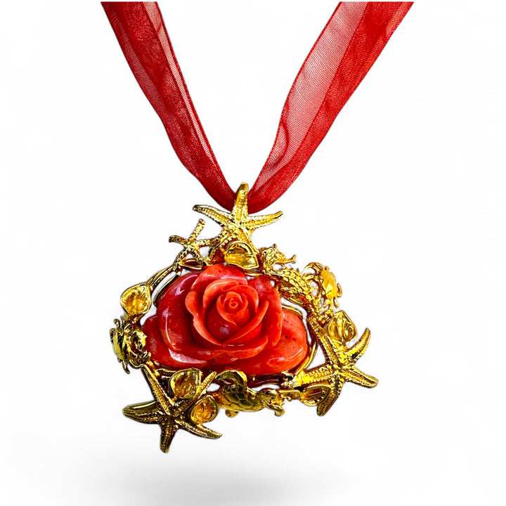 Collana ciondolo rosa di corallo cerasuolo montato in argento galvanica oro