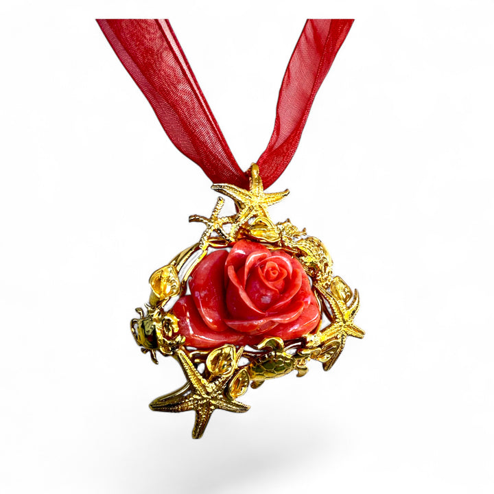Collana ciondolo rosa di corallo cerasuolo montato in argento galvanica oro