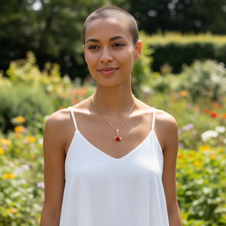 Necklace with Pink Red Coral Pendant set in Gold-Plated Silver