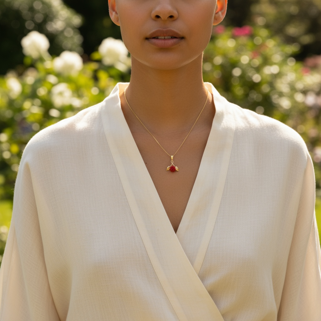 Necklace with Pink Red Coral Pendant set in Gold-Plated Silver