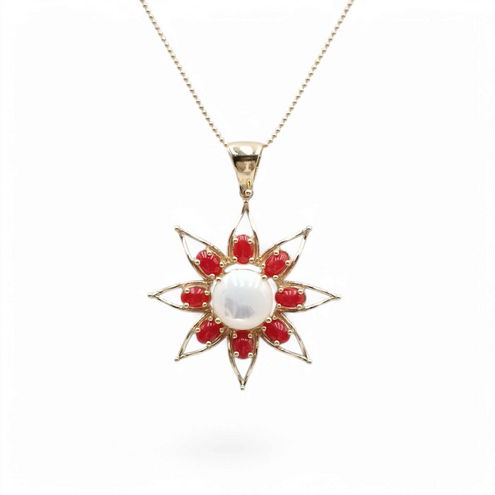 "Sun" pendant necklace in mother of pearl and onyx mounted on silver