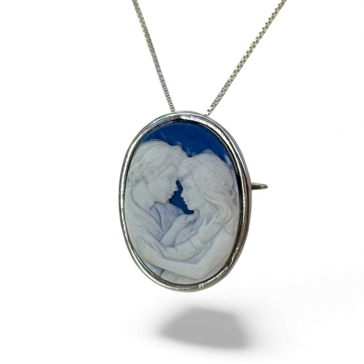 Ciondolo spilla amanti inciso su ceramica montato in argento