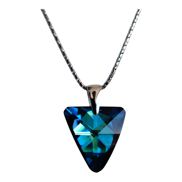 Bohemian blue precious crystal triangle pendant mounted on silver