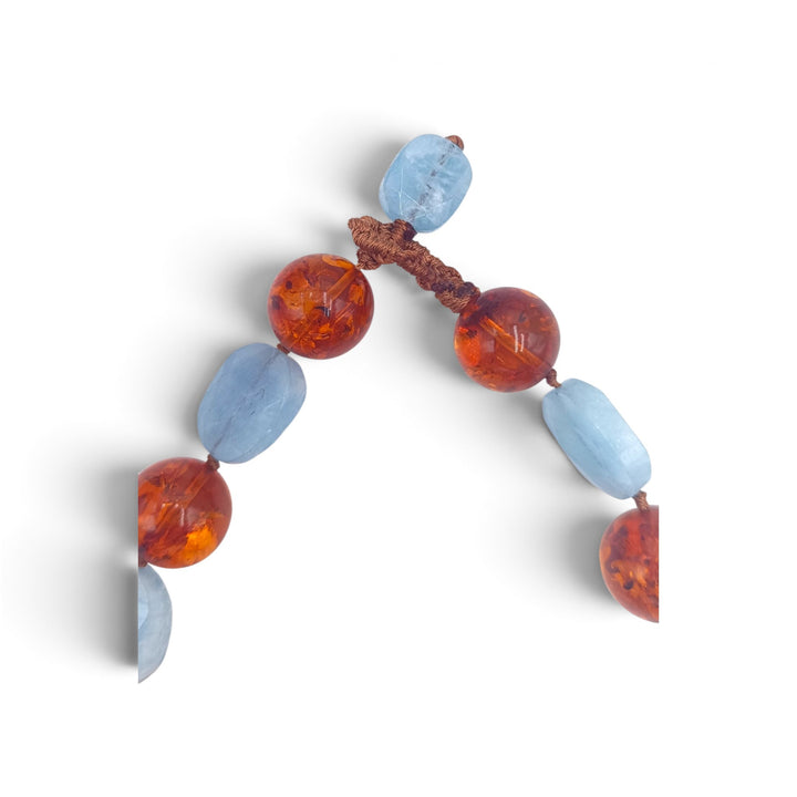 Collana di Ambra e Acquamarina montata in Cotone
