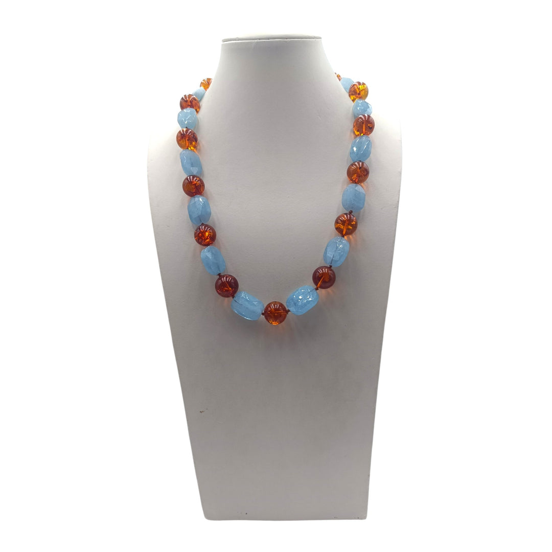 Collana di Ambra e Acquamarina montata in Cotone